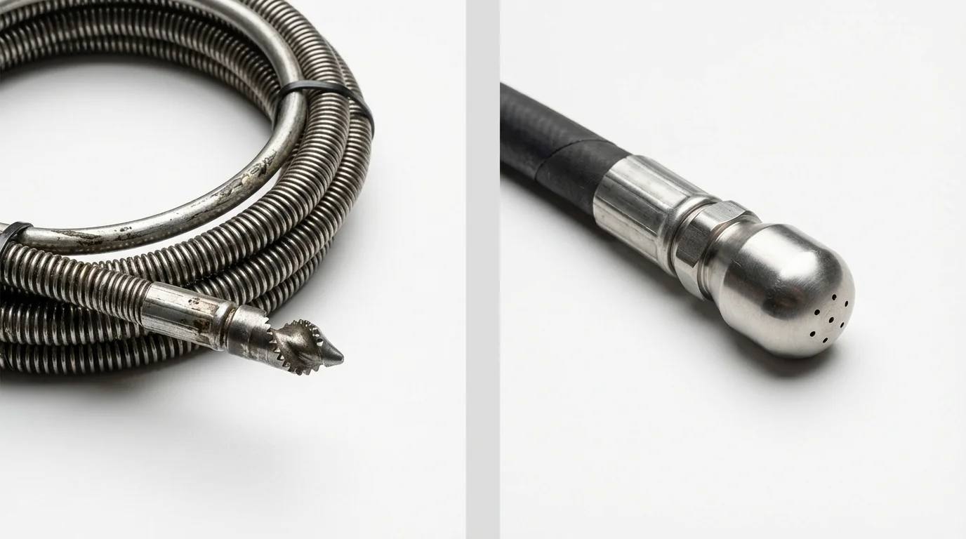 Drain snake cable and hydro jetting nozzle used for drain cleaning in Encinitas, CA