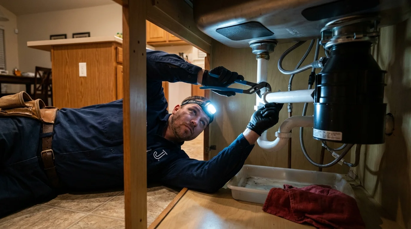 P-trap and supply line connections under a kitchen sink showing a common leak point in Encinitas, CA